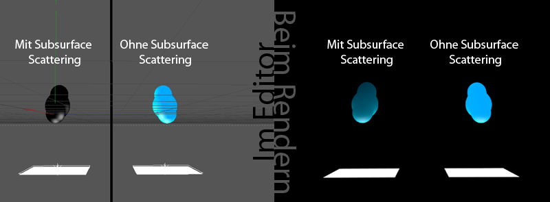 Der Vergleich in CINEMA 4D ohne und mit Subsurface Scatrtering